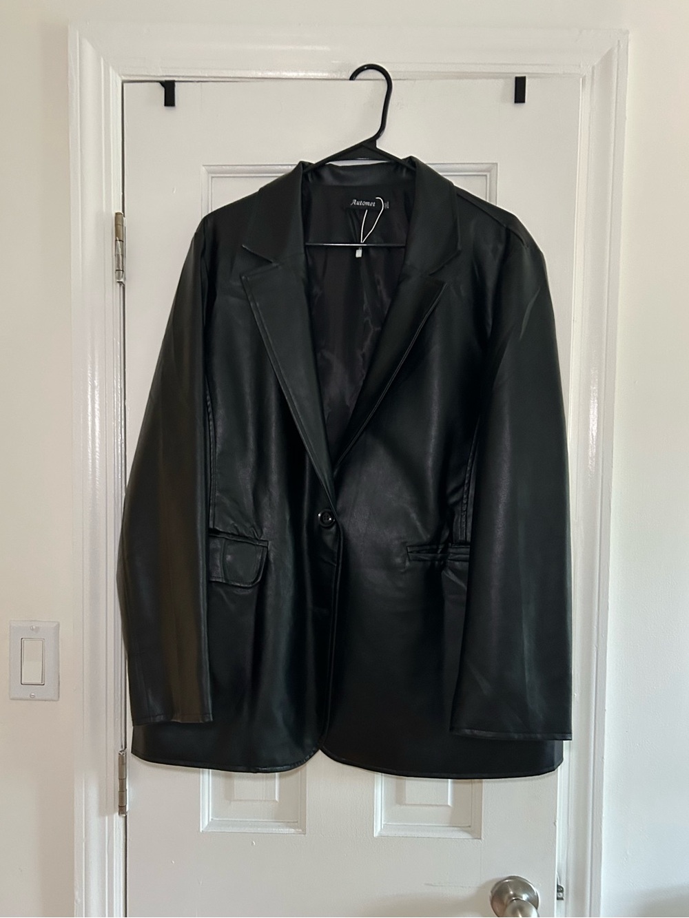 Classic Black Faux Leather Blazer Jacket